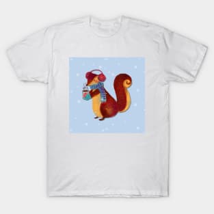 Winter squirrel drinking coffee - Cute winter T-Shirt